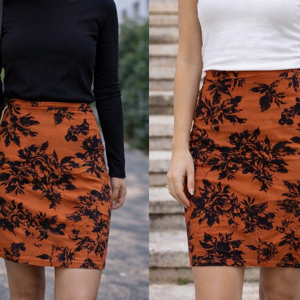 Felt Floral Print Orange and Black Skirt